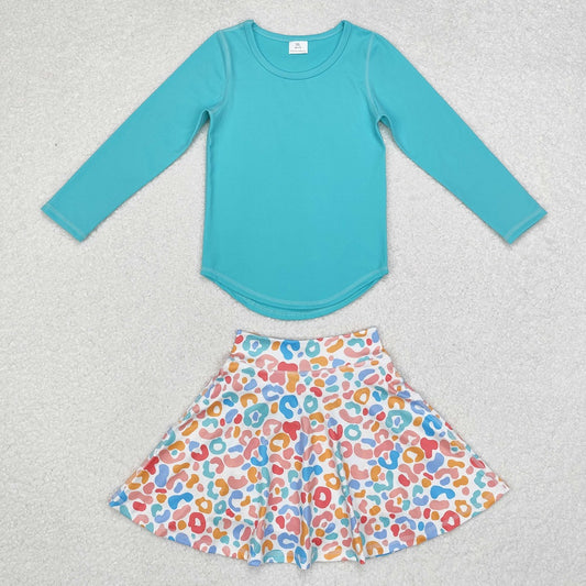 GLD0595 Baby Girls Green Top Colorful Leopard Skirts Clothes Sets