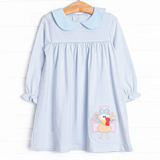 presale GLD0603 Turkey Stripe Blue Doll Collar Long Sleeve Dress