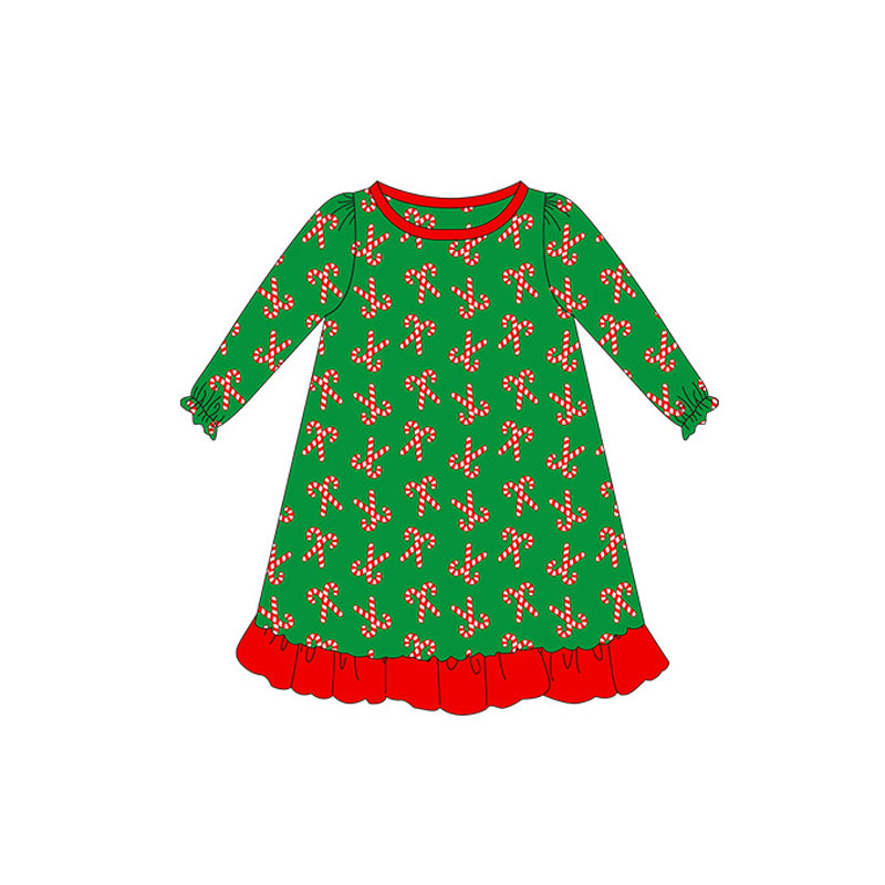 presale  GLD0605 Santa Claus Cane Red Lace Green Long Sleeve Dress