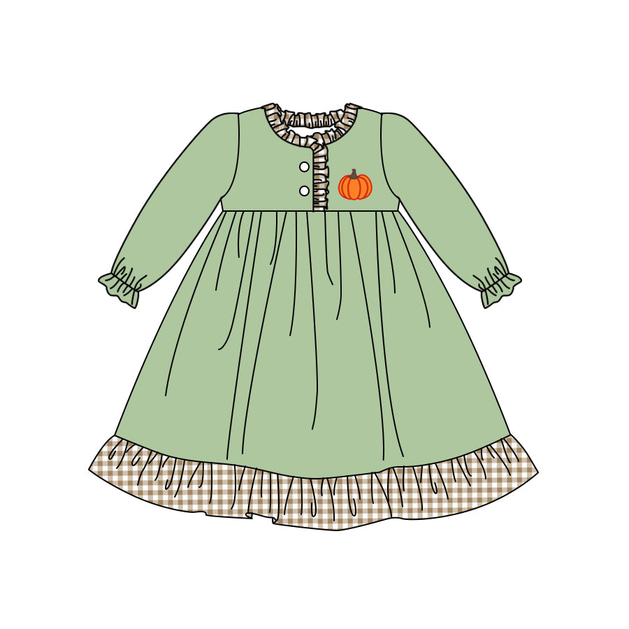presale GLD0611 Pumpkin Khaki Plaid Lace Green Long Sleeve Dress