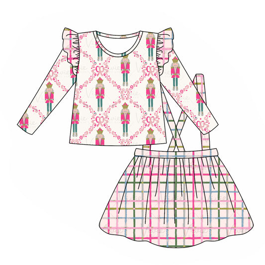 presale GLD0613 Christmas Bow Pattern Nutcracker Long Sleeve Plaid Suspender Skirt Set