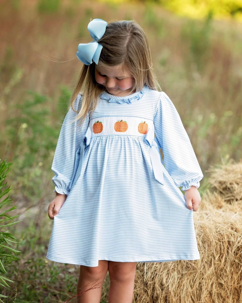 presale GLD0614 Pumpkin Blue Lace Stripe Long Sleeve Dress