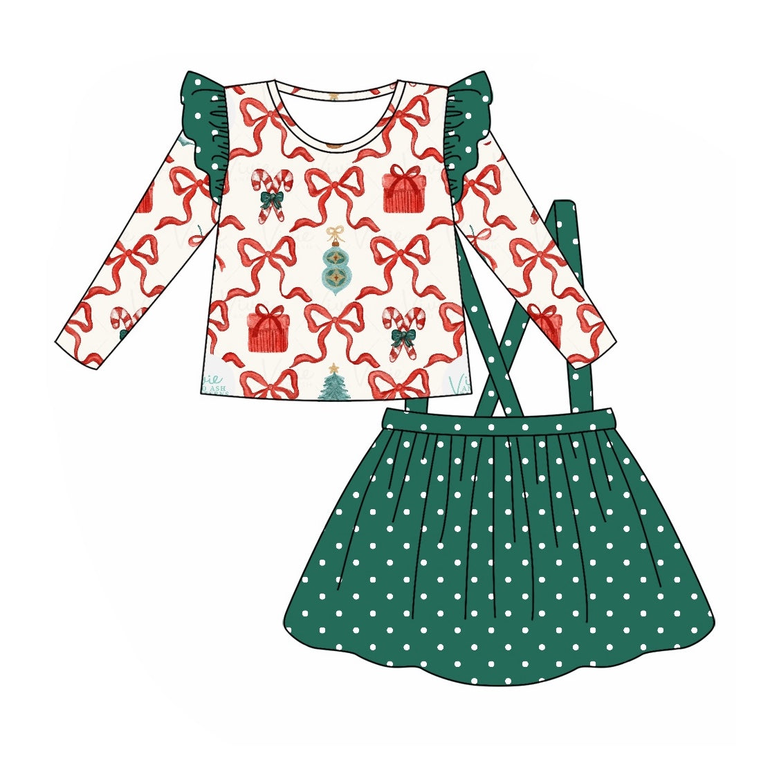 presale GLD0617 Christmas Bow Cane Pattern Polka Dot Green Lace Long Sleeve Suspender Dress Set