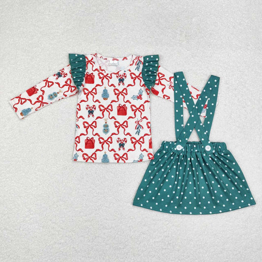 GLD0617 Christmas Bow Cane Pattern Polka Dot Green Lace Long Sleeve Suspender Dress Set