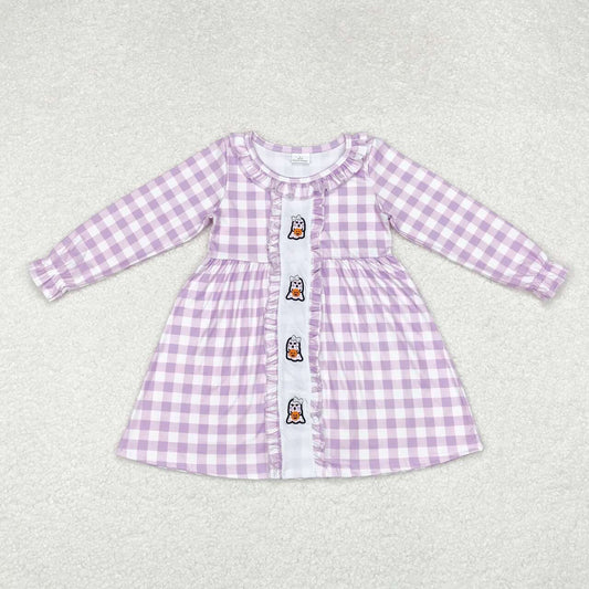 GLD0626 Ghost Pumpkin Purple Plaid Long Sleeve Dress