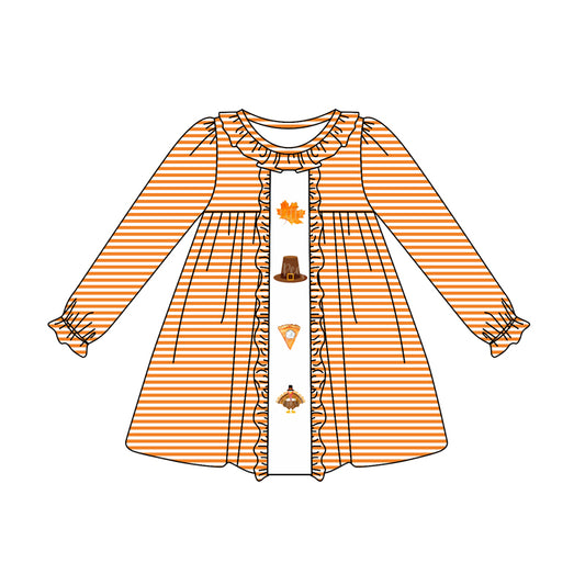 presale  GLD0627 Leaf Hat Cake Turkey Orange Striped Lace Long Sleeve Dress