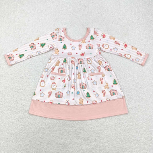 GLD0629 Snowman Gingerbread Man Candy House Pocket Striped Pink Long Sleeve Dress