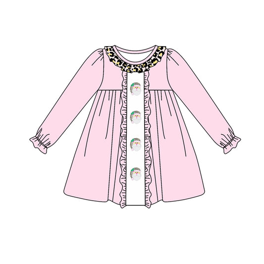 presale GLD0633 Santa Claus Leopard Lace Pink Long Sleeve Dress
