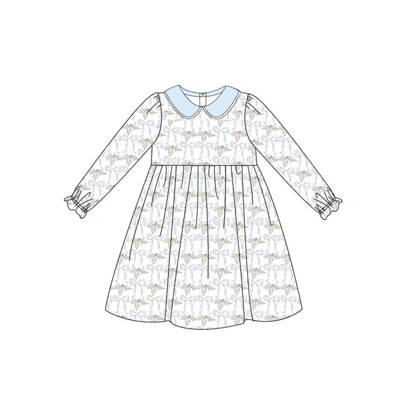 presale GLD0635 Christmas leaf bow pattern baby collar blue and white long-sleeved dress