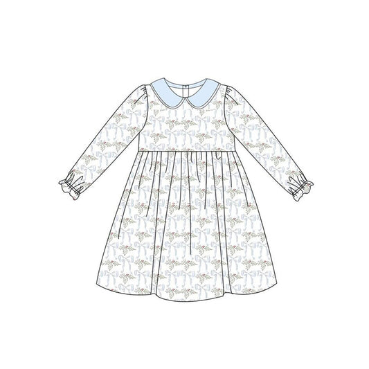 presale GLD0635 Christmas leaf bow pattern baby collar blue and white long-sleeved dress
