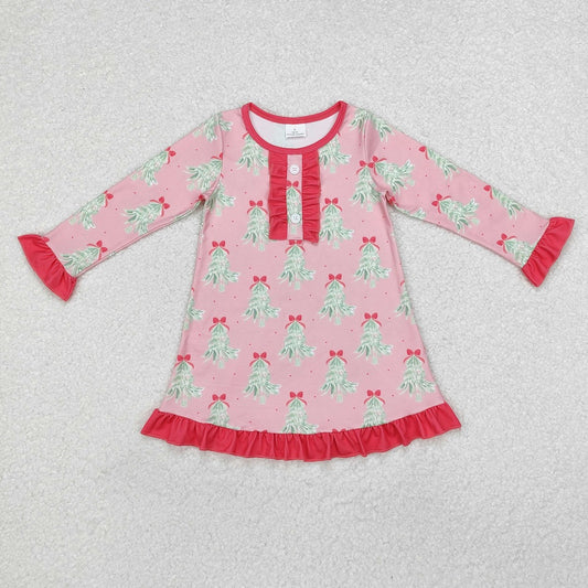 GLD0636 Pink long-sleeved dress with Christmas tree bow pattern and rose red lace