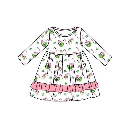 presale GLD0643 Puppy Cane Pink Lace White Long Sleeve Dress