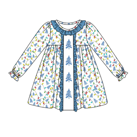 presale GLD0646 Christmas Tree Lights Blue Lace Long Sleeve Dress