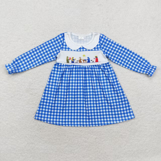 GLD0647 Blue plaid long-sleeved dress with baby doll collar