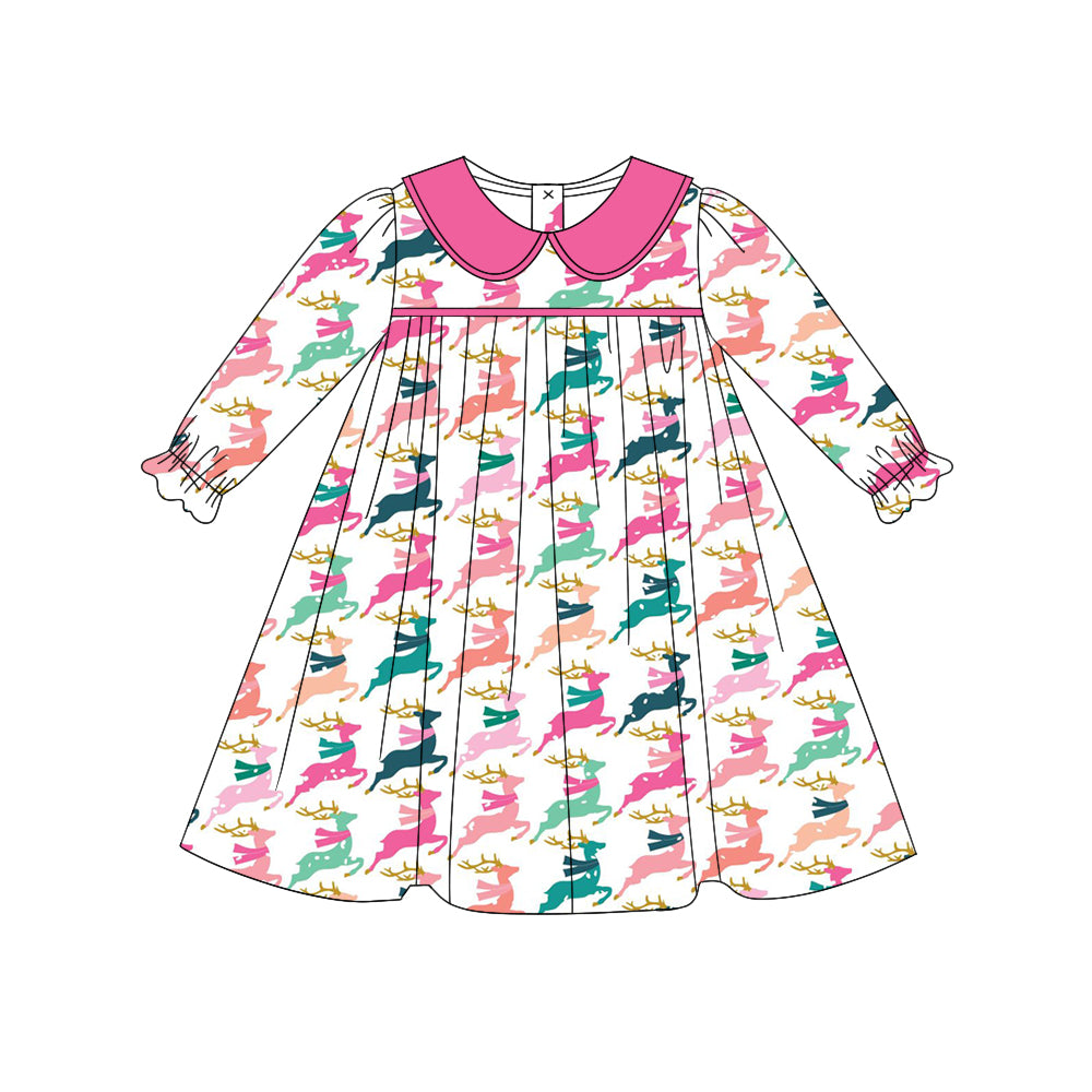 GLD0648 Colorful Reindeer Rose Red Doll Collar White Long Sleeve Dress