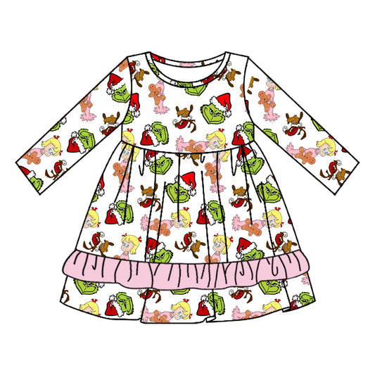 presale GLD0650 Girls Gingerbread Man Pink Lace White Long Sleeve Dress