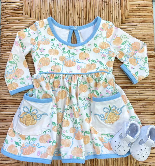 presale GLD0655 Pumpkin Leaf Flower Pocket Blue and White Long Sleeve Dress