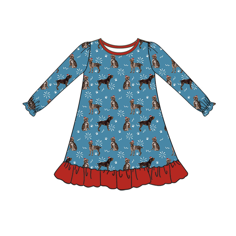 presale GLD0658 Christmas hat puppy paw print snowflake red and blue long-sleeved dress