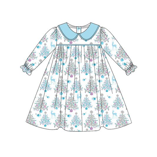 presale GLD0663 Christmas Tree Reindeer Blue Doll Collar White Long Sleeve Dress