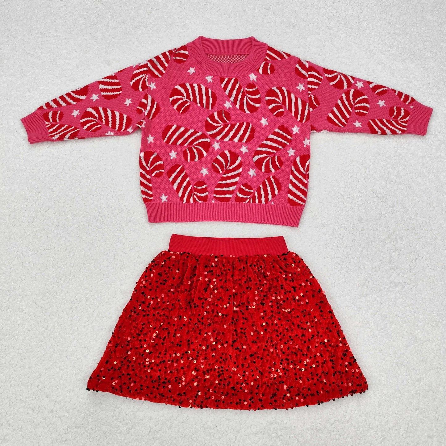 GLD0671 Baby Girls Pink Christmas Candy Cane Sweaters Sequin Skirt Clothes Sets