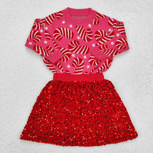 GLD0671 Baby Girls Pink Christmas Candy Cane Sweaters Sequin Skirt Clothes Sets