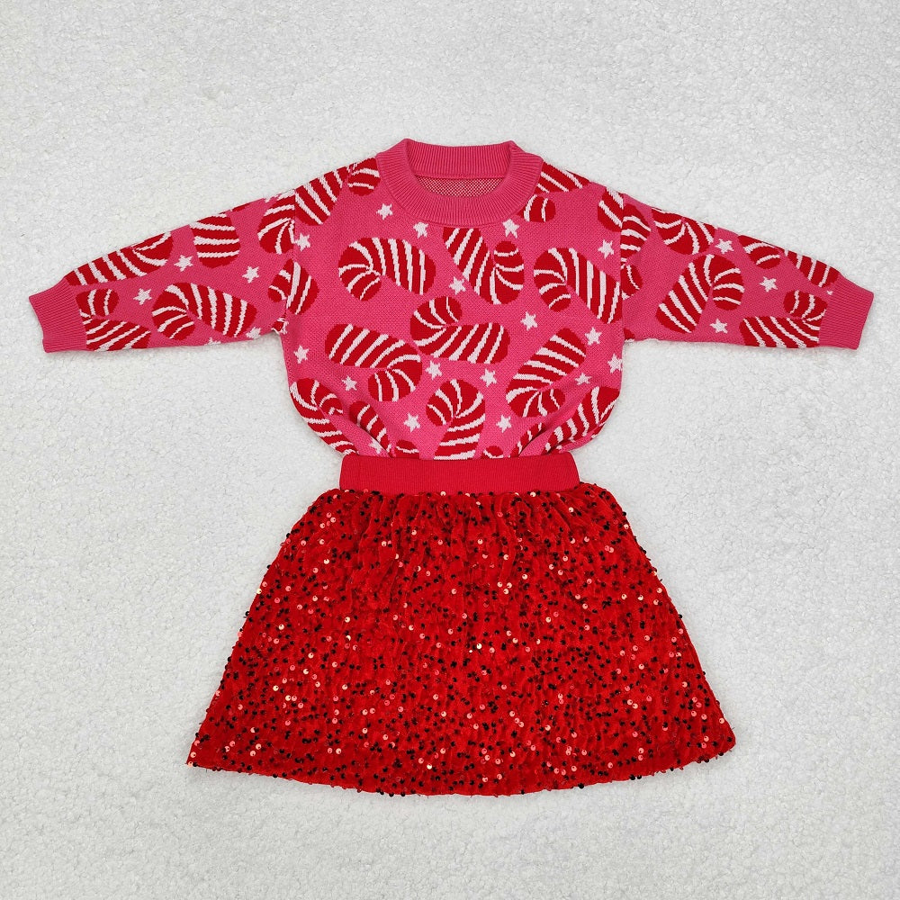 GLD0671 Baby Girls Pink Christmas Candy Cane Sweaters Sequin Skirt Clothes Sets