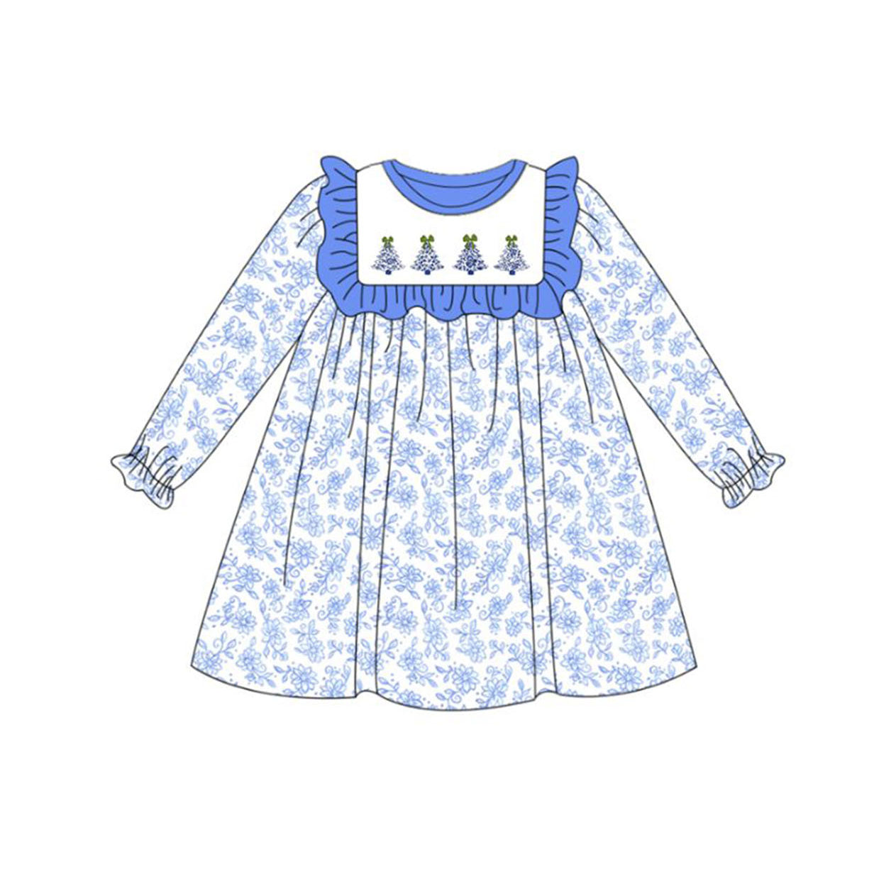 GLD0673 Baby Girls Blue Flowers Christmas Trees Knee Length Dresses