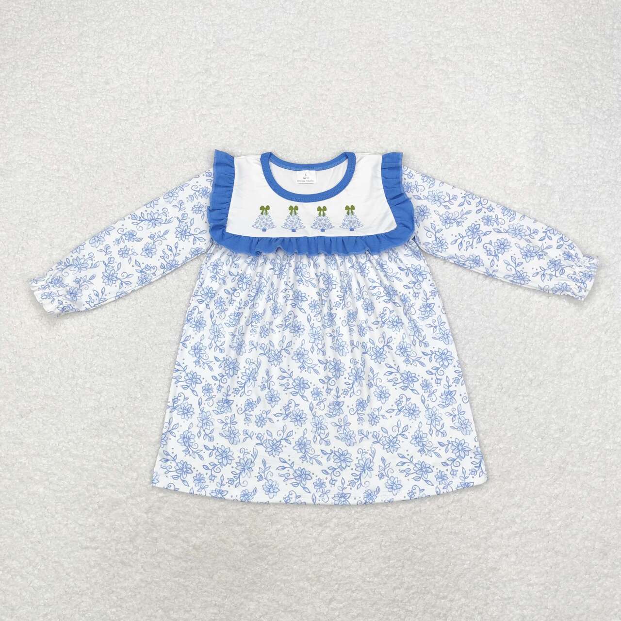 GLD0673 Baby Girls Blue Flowers Christmas Trees Knee Length Dresses