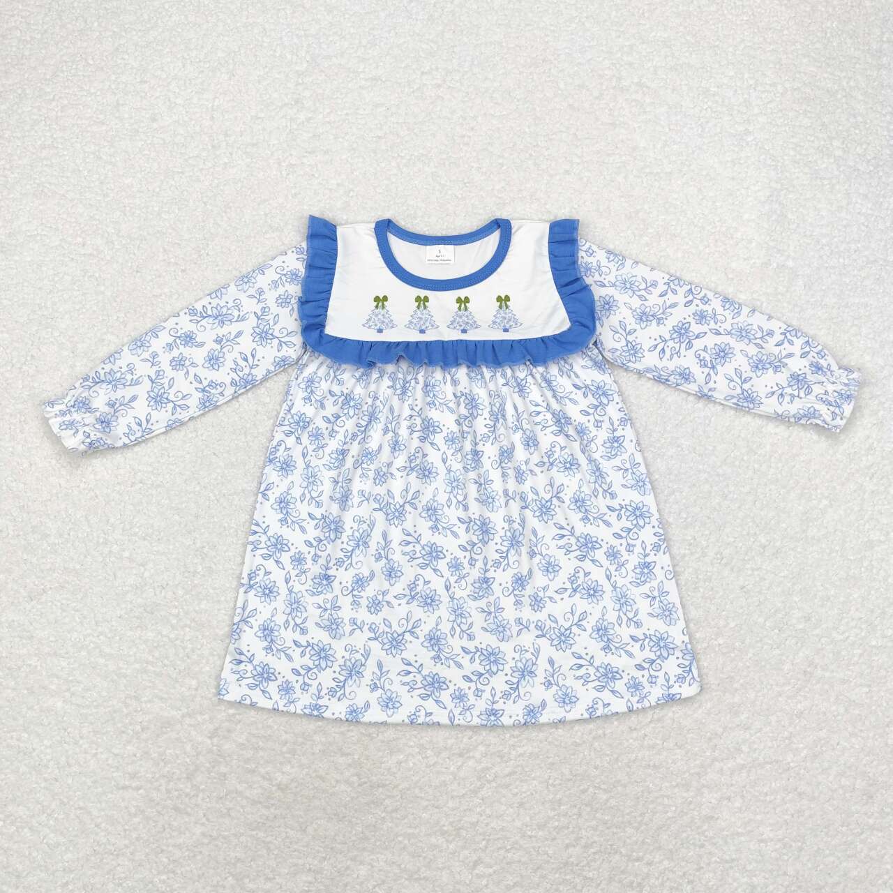 GLD0673 Baby Girls Blue Flowers Christmas Trees Knee Length Dresses