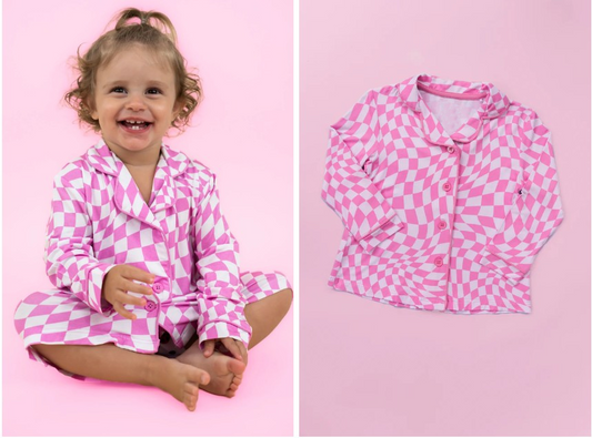 presale GLD0681 Pink and White Plaid Button Long Sleeve Nightgown