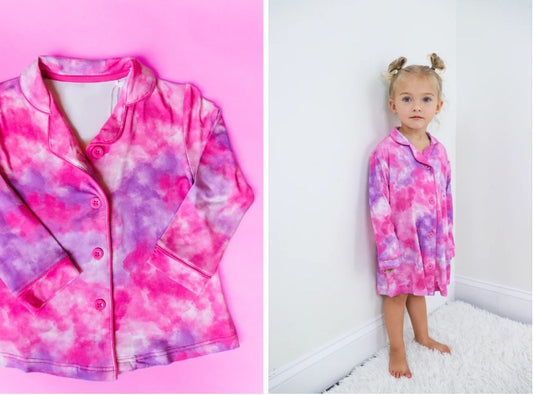 presale GLD0682 Fuchsia Colored Tie-Dye Button Long Sleeve Nightgown