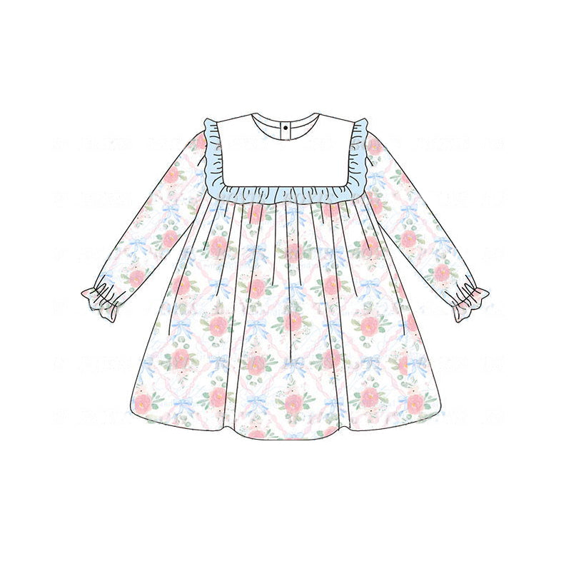 presale GLD0692 White long-sleeved dress with blue lace and flower bow pattern