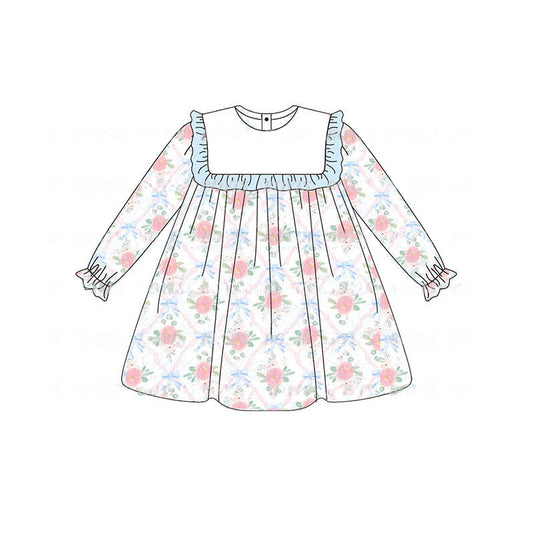 presale GLD0692 White long-sleeved dress with blue lace and flower bow pattern