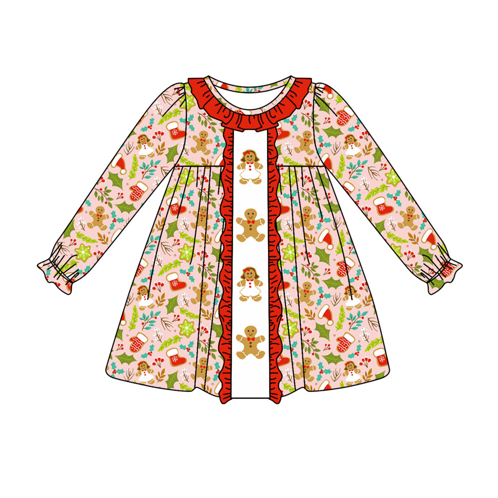 presale GLD0696 Gingerbread Man Red Lace Pink Long Sleeve Dress