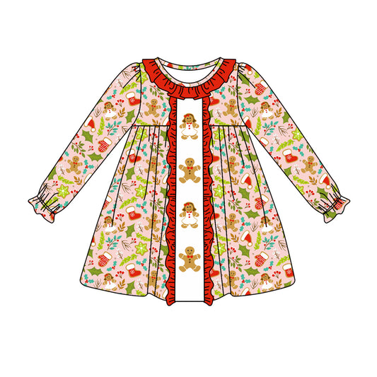 presale GLD0696 Gingerbread Man Red Lace Pink Long Sleeve Dress