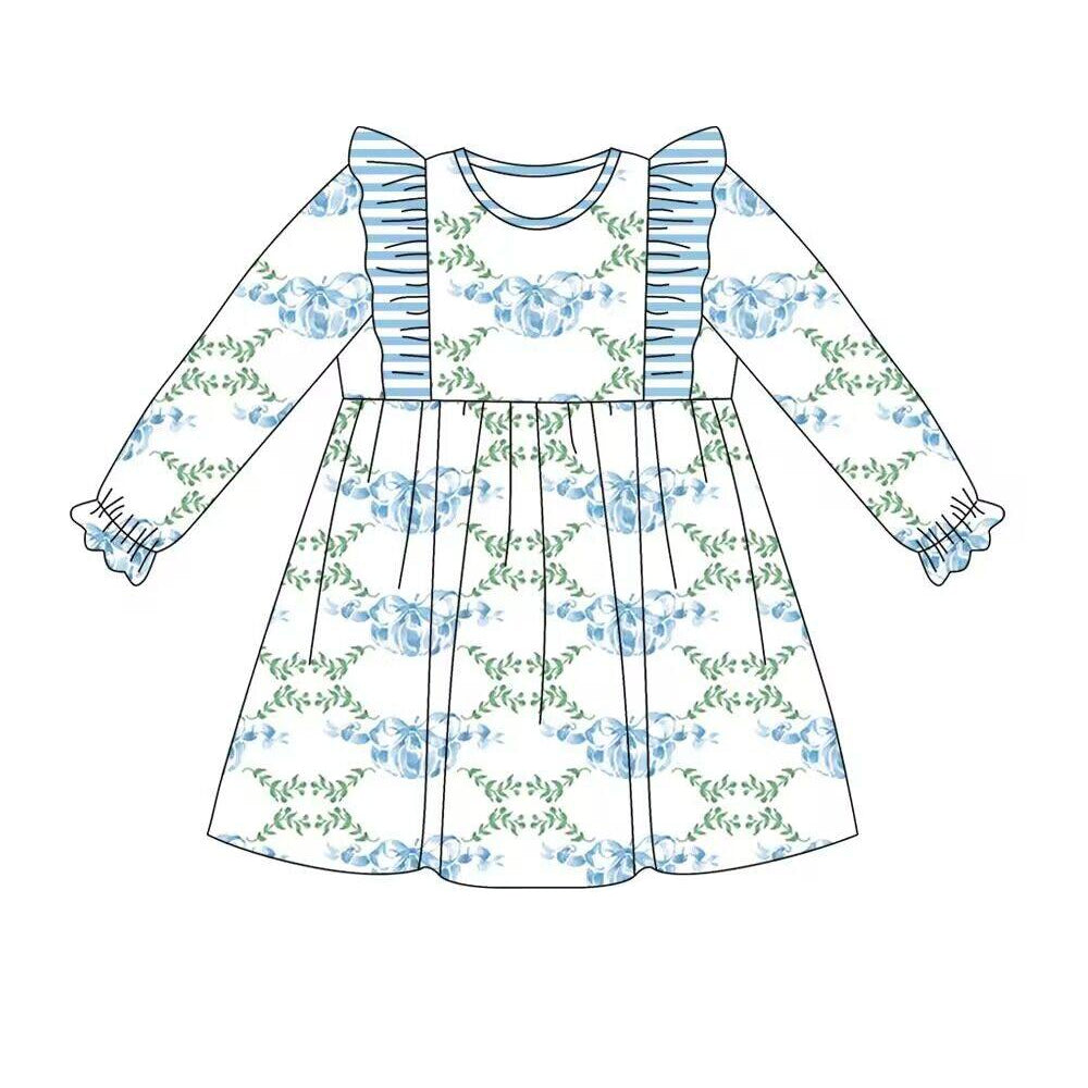presale GLD0697 White long-sleeved dress with pumpkin leaf blue stripe lace 2024 7.11
