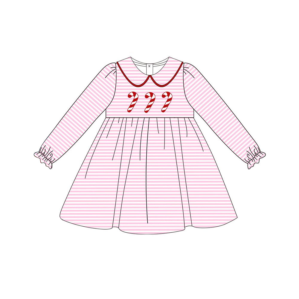 presale GLD0699  Christmas Cane Doll Collar Pink Striped Long Sleeve Dress 2024 7.12