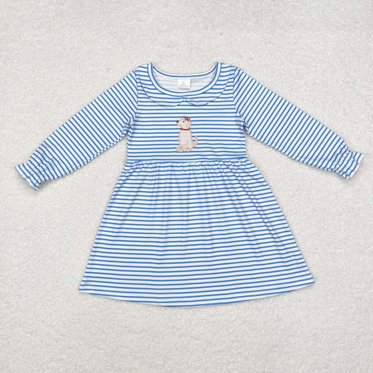 GLD0701 Embroidered Puppy Stripe Doll Collar Blue and White Long Sleeve Dress