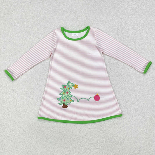 GLD0704 Embroidered Christmas tree stripes pink and white long-sleeved dress