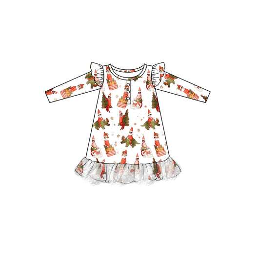 presale GLD0706 Christmas Elf Dinosaur Lace White Long Sleeve Dress 2024 7.15