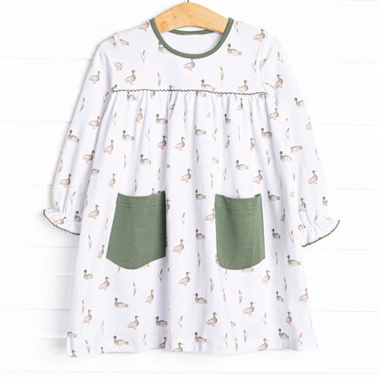 presale GLD0717 Duck Green Pocket White Long Sleeve Dress 2024 7.17