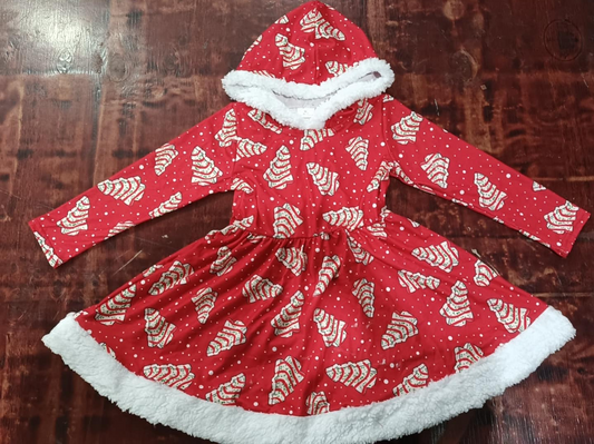 presale GLD0723 Christmas Tree Cookie White Fur Edge Red Hooded Long Sleeve Dress   2024 7.17