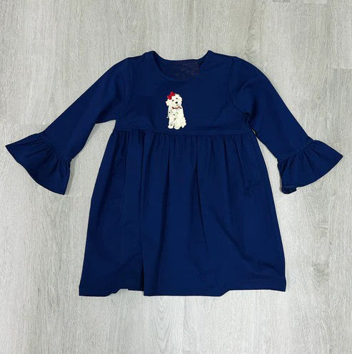 presale GLD0733 Christmas Lights Puppy Navy Blue Long Sleeve Dress  2024 7.19