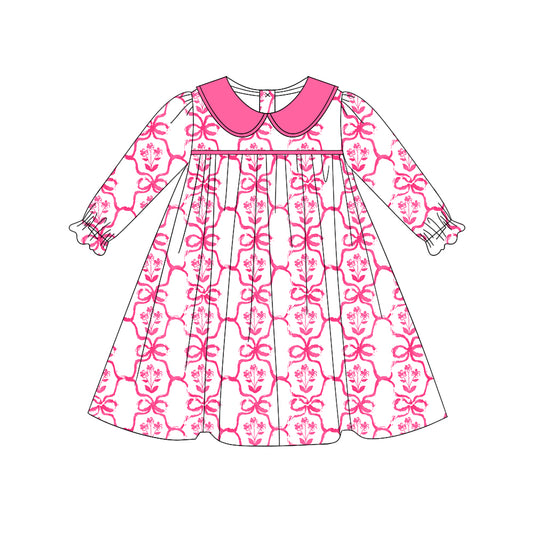 presale GLD0735  White long-sleeved dress with rose-red baby collar and flower bow pattern 2024 7.20