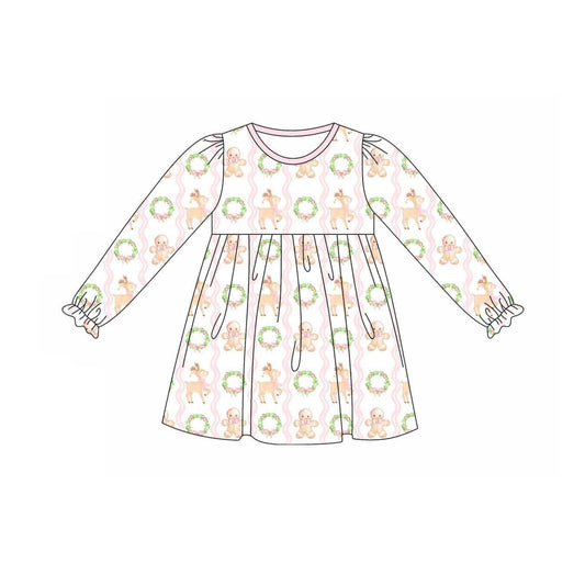 presale GLD0739 Gingerbread Man Deer Garland Pink and White Long Sleeve Dress 2024 7.20