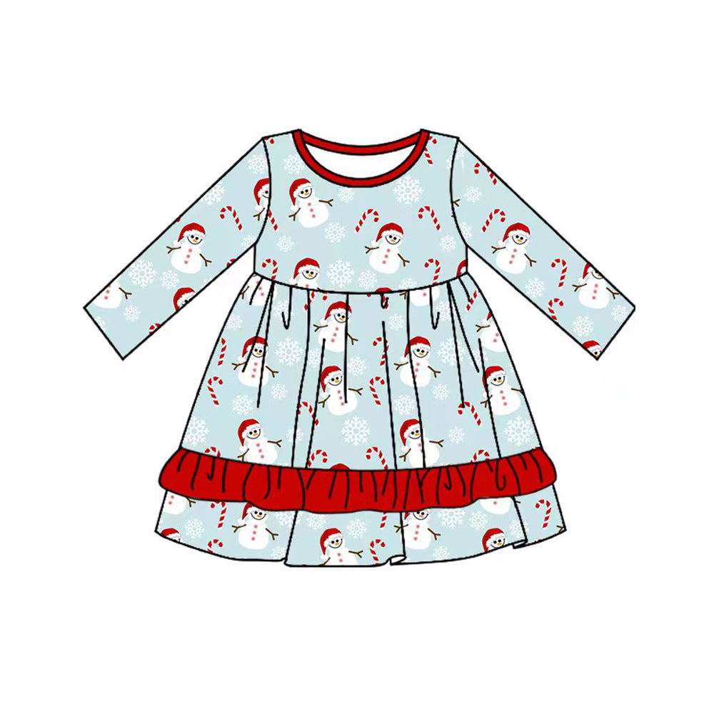 presale GLD0749  Christmas Snowman Cane Red Lace Blue Long Sleeve Dress 2024 7.22