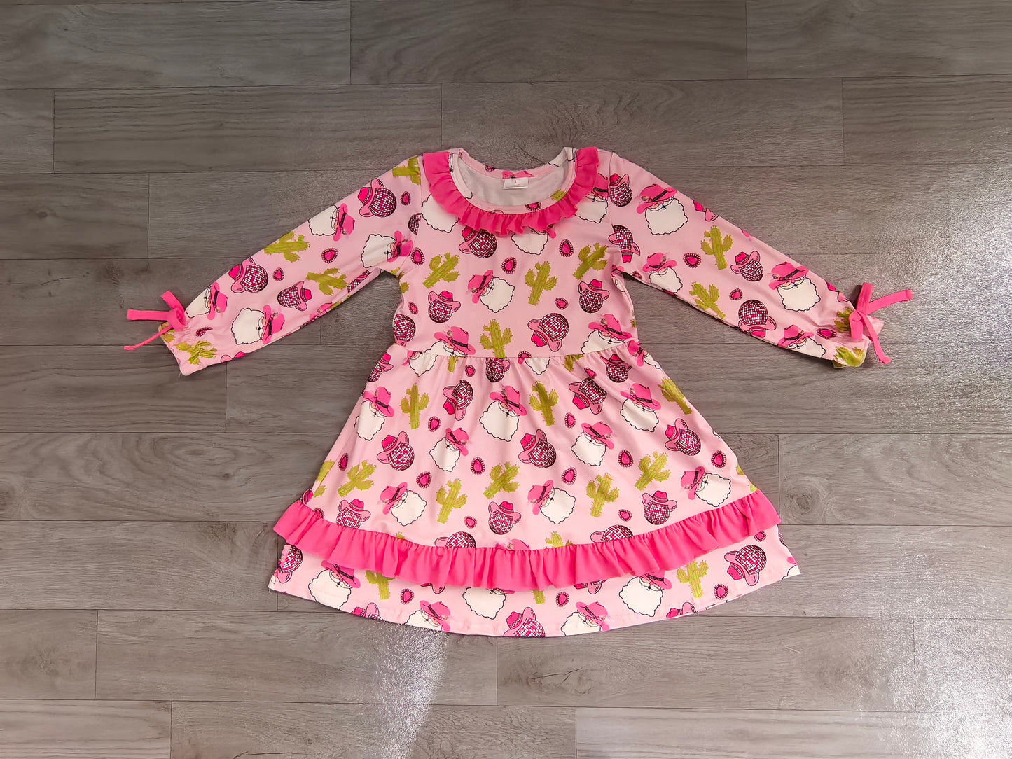 pre order pink long sleeve howdy santa print ruffle dress