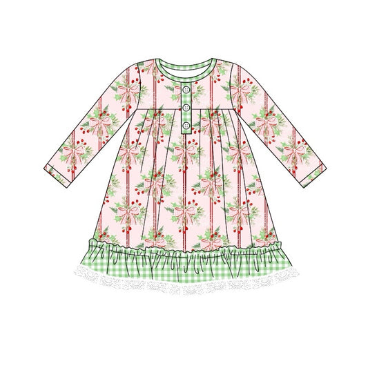 presale GLD0754 Christmas bow pattern green plaid lace pink long-sleeved dress 2024 7.23