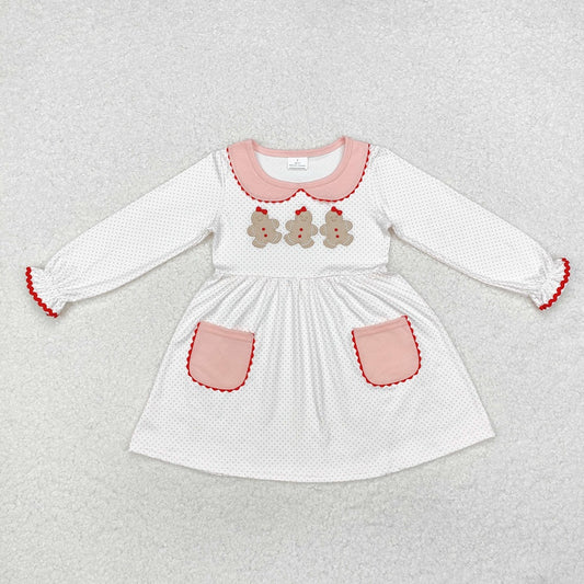 GLD0765  Gingerbread Man Embroidery Collar Pocket Pink and White Long Sleeve Dress