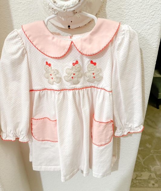 presale GLD0765  Gingerbread Man Embroidery Collar Pocket Pink and White Long Sleeve Dress 2024 7.25